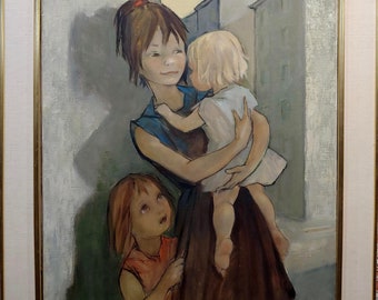 Madre francesa con sus dos hijos pintura al óleo de Pierre Le Faguays