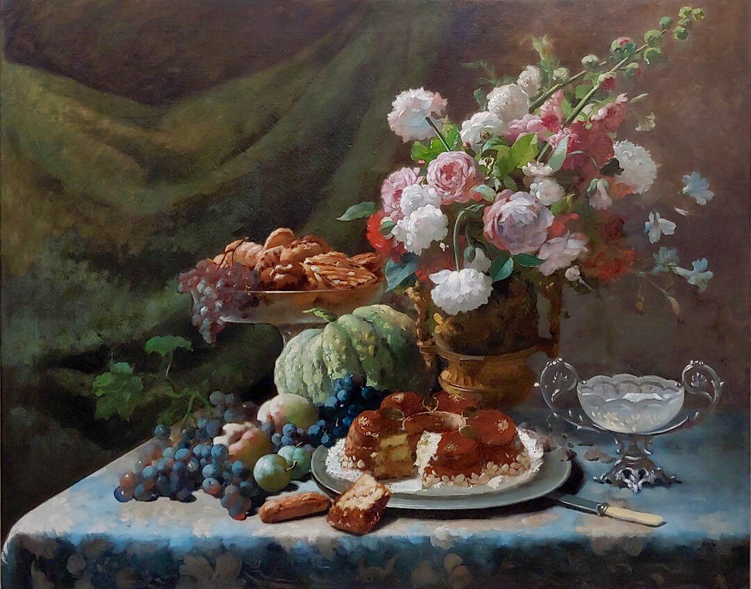 Frans Mortelmans -still Life of Pink White Roses,fruits Desert-19th C ...