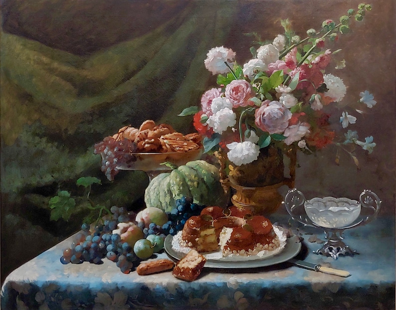 Frans Mortelmans -still Life of Pink White Roses,fruits Desert-19th C ...