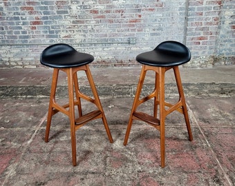 Erik Buch 1960s Mid Century Danish Teak Bar Stools - A Pair