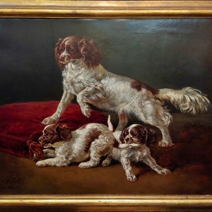 Siegwald Johannes Dahl -Cavalier King Charles w/her playful Puppies-Oil painting 1854
