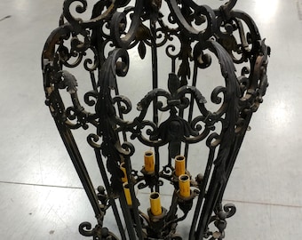 19th century Spanish Revival wrought iron lantern cage chandelier