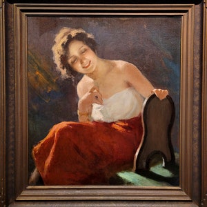 Girl admiring herself in the Mirror -c1880s Italian Romanticism Oil Painting