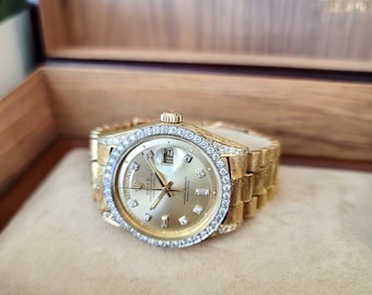 Rolex President Day-Date 18K Gold Diamond Mens Watch w/Bark Finish