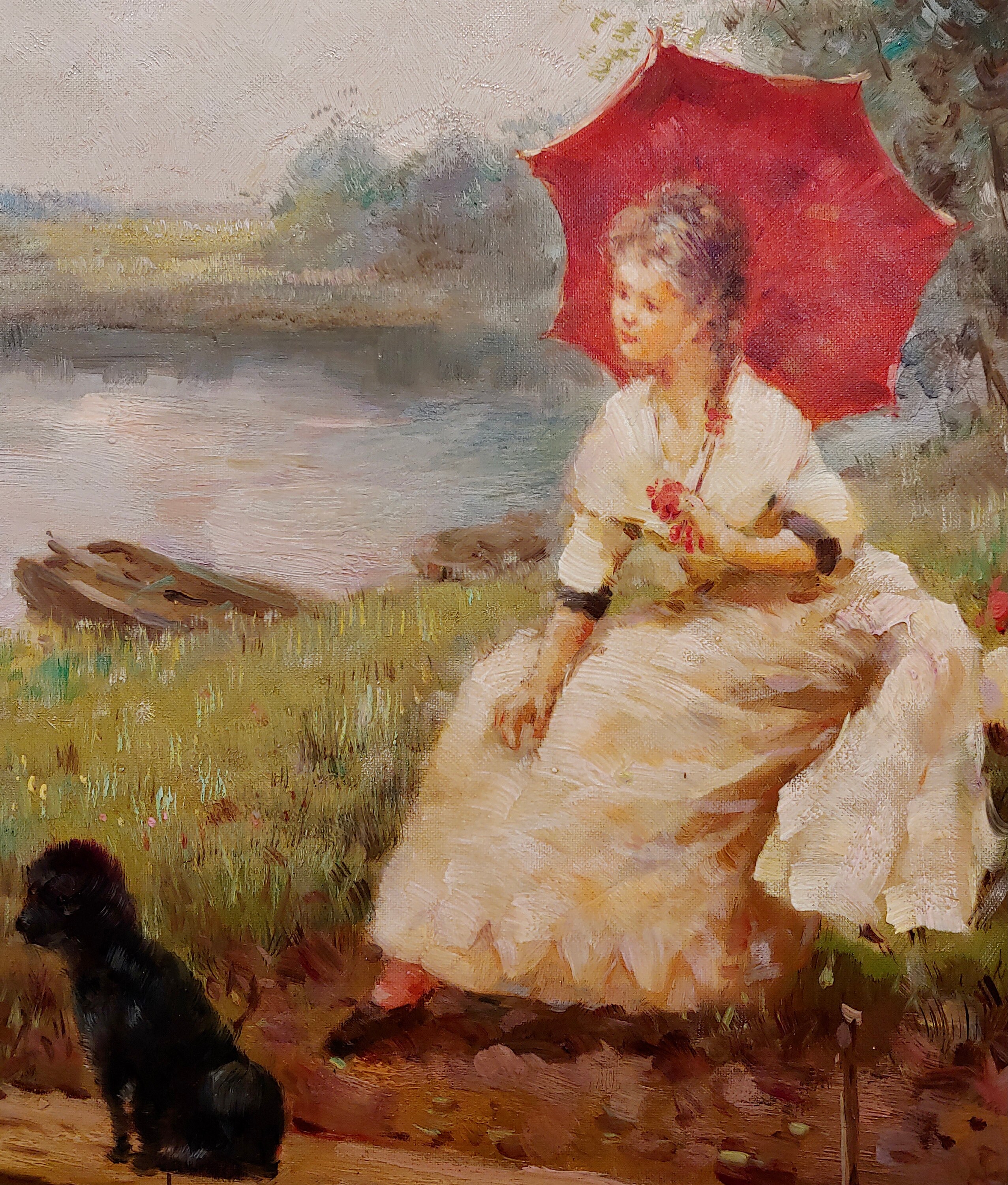 Marguerite Rousseau lady W/red Parasol by a Lake W/her Poodle1910s