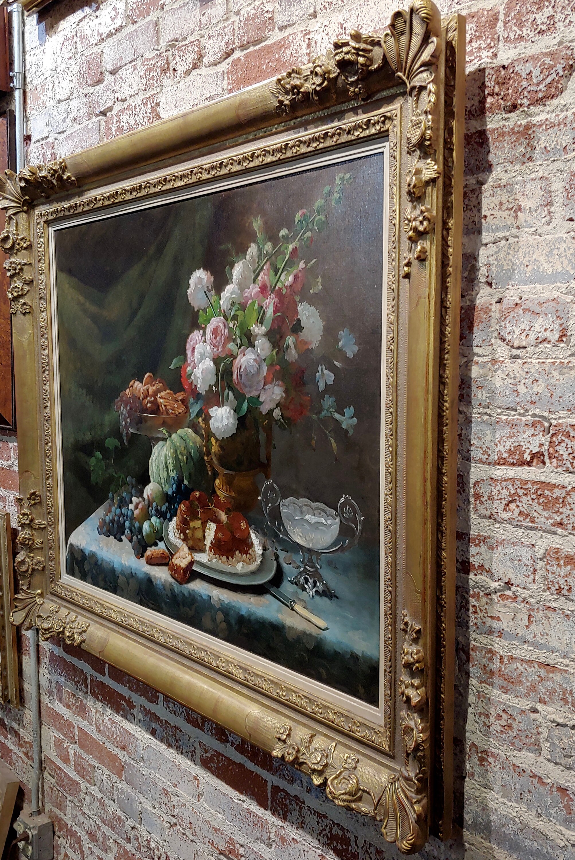 Frans Mortelmans -still Life of Pink White Roses,fruits Desert-19th C ...