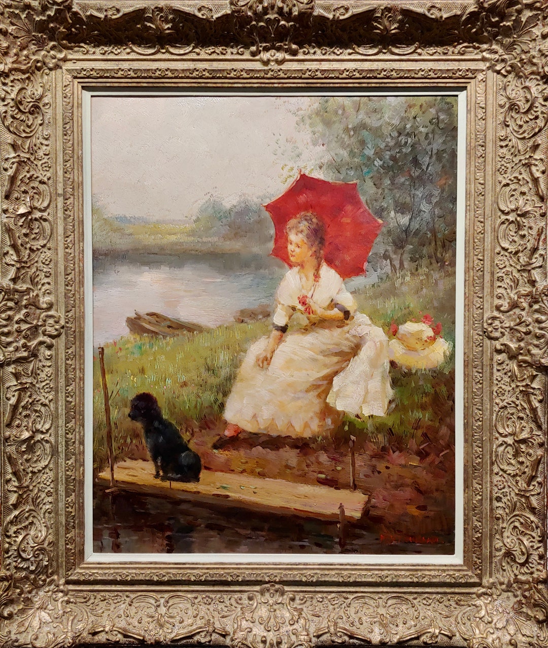 Marguerite Rousseau lady W/red Parasol by a Lake W/her Poodle1910s