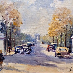 Andre Michel 1940s Champ Elysees Parisian Scene-Oil Painting image 3