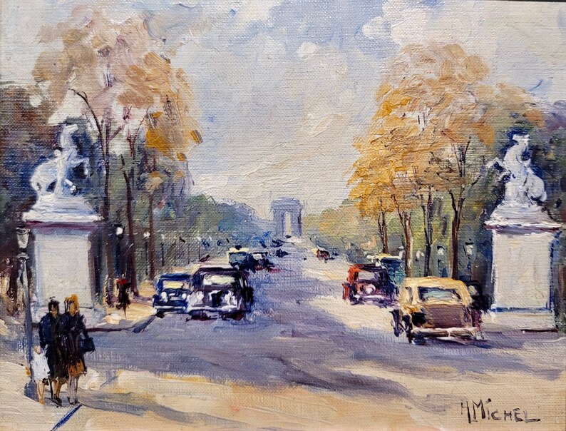 Andre Michel 1940s Champ Elysees Parisian Scene-Oil Painting image 3