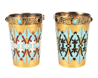 Antique Russian Silver Gilt & Enamel Shot Glasses - A Pair