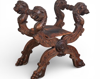 Monumental 19th-Century Renaissance Revival Carved Walnut Folding Stool