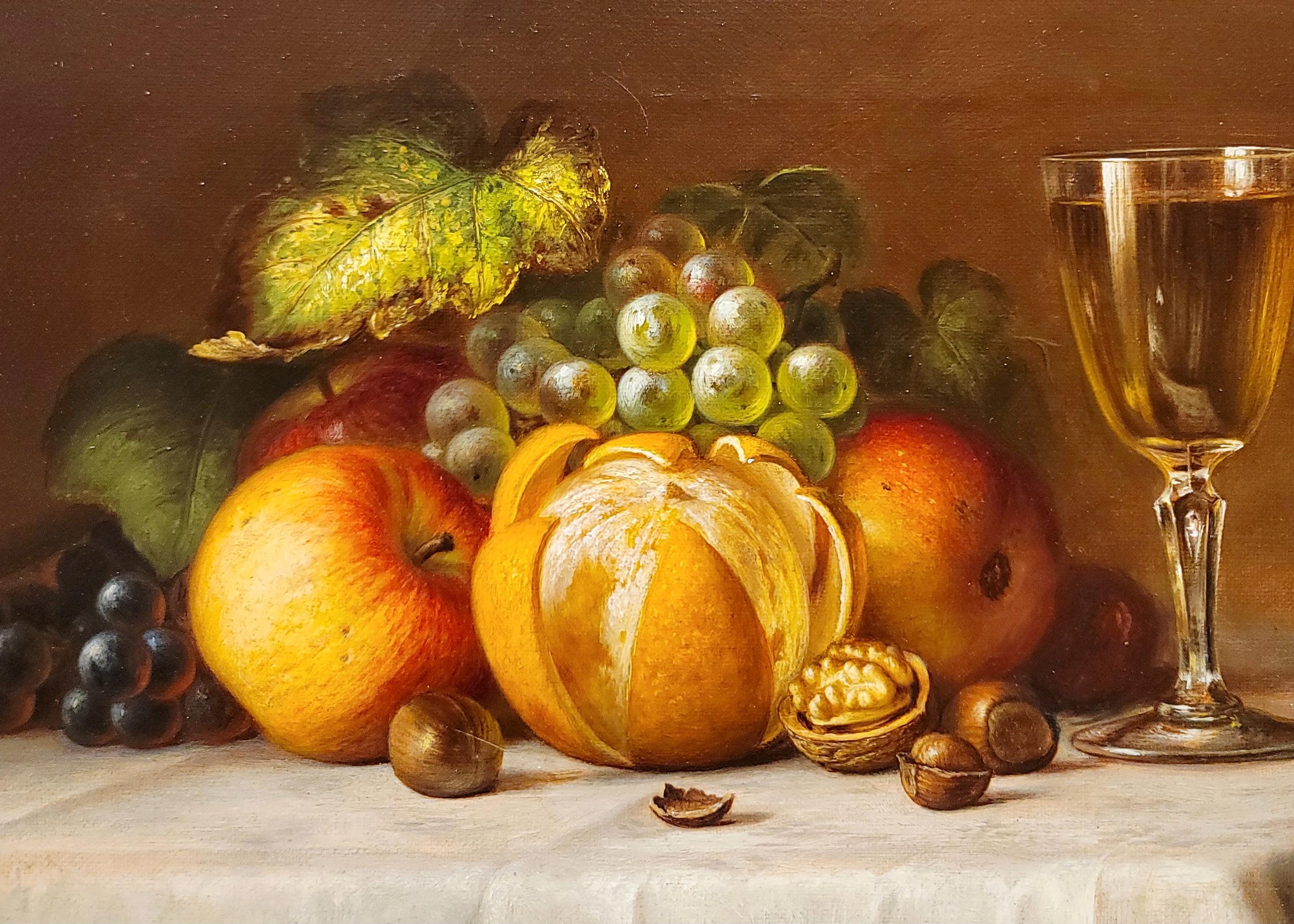 アウグスト・ロークス「ワイングラスのある果物の静物画」19世紀油彩画