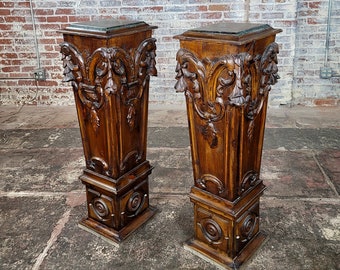 Heavily Carved Wood French Pedestals w/Marble top -a Pair