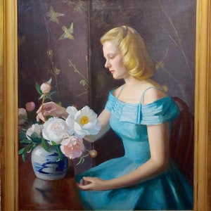 Marguerite Stuber Pearson -Woman in Blue Arranging Her White Roses-Oil Painting
