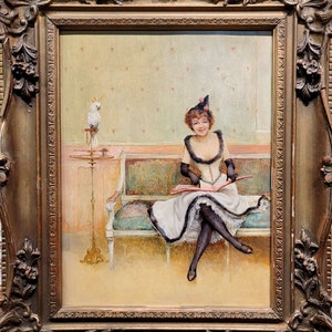 Edward Reed -Female Entertainer with white Parrot -c.1895 Oil painting
