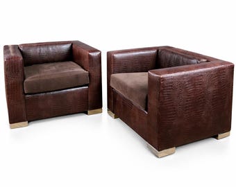 Pair of Sculptural Crocodile-Embossed Leather Club Chairs w/ Metal Plinth Bases