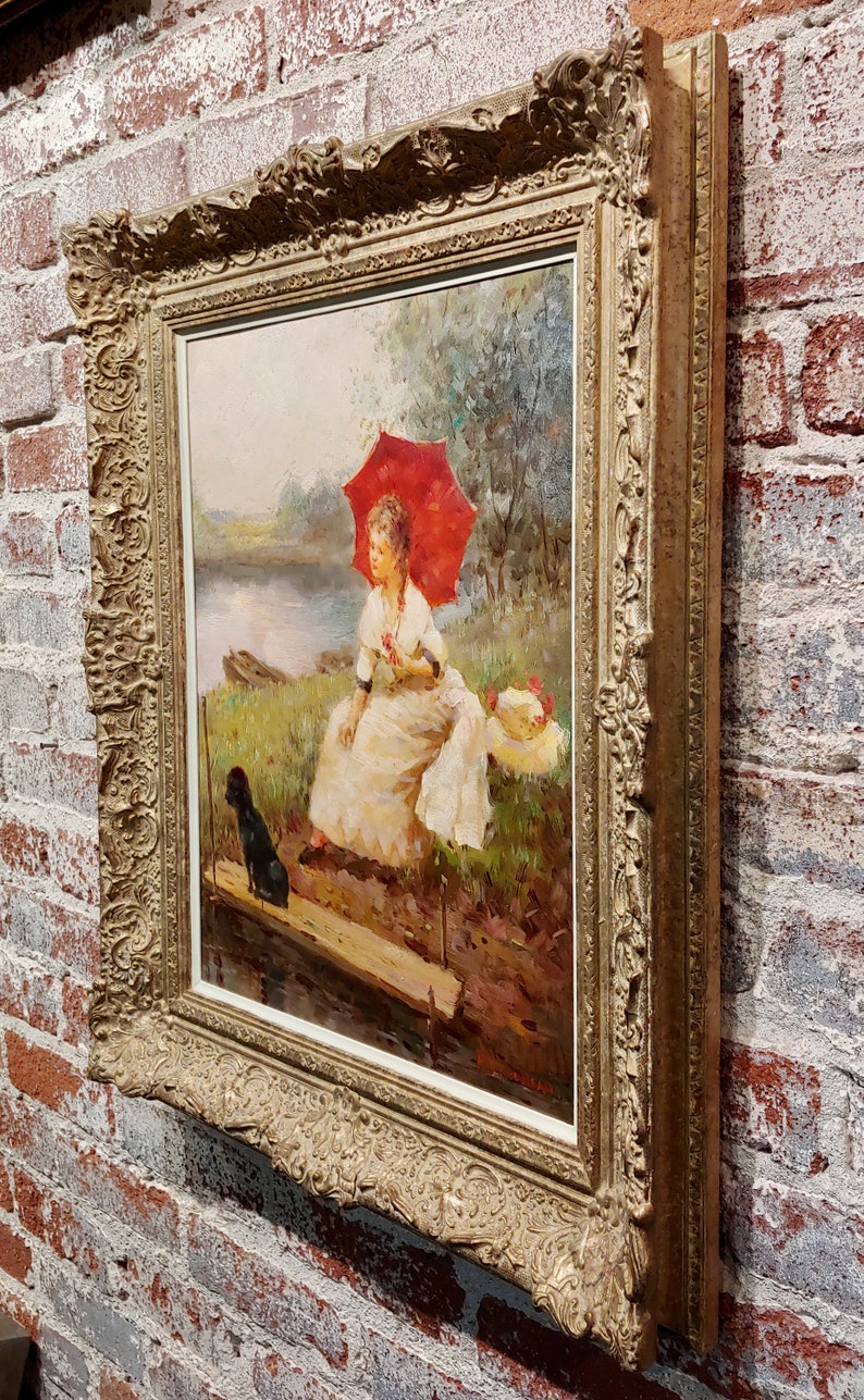 Marguerite Rousseau lady W/red Parasol by a Lake W/her Poodle1910s