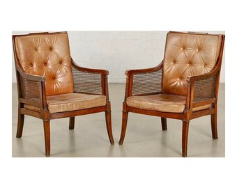 Regency Mahogany & Cane Armchairs w/Brown Leather Cushions -A pair