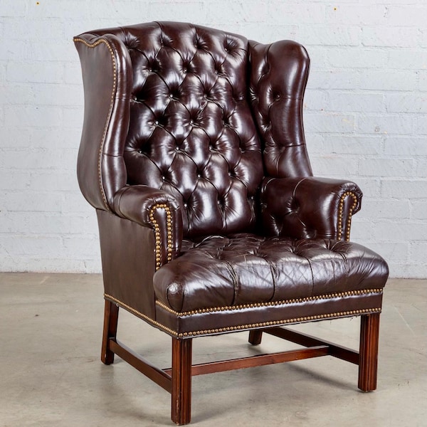 Chesterfield vintage Wingback Armchair w/Tufted Burgundy Leather