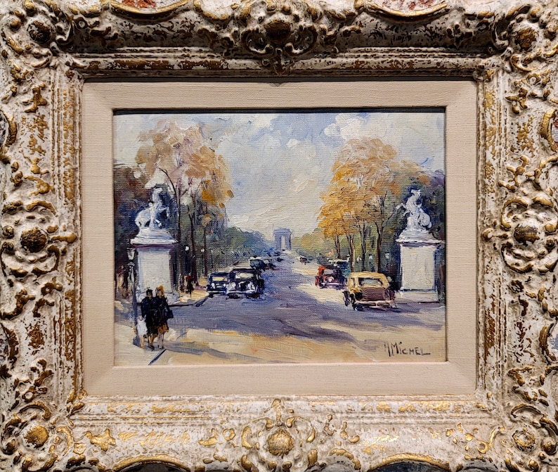 Andre Michel 1940s Champ Elysees Parisian Scene-Oil Painting image 1