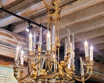 19th century French Gilt Bronze Chandelier w/4 Cherubs & Crystals