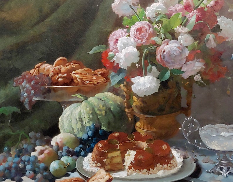 Frans Mortelmans -still Life of Pink White Roses,fruits Desert-19th C ...