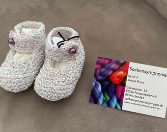 Baby shoes - ballerina, knitted in white with rainbow glitter thread