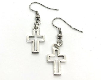 Chunky Cross Crucifix Earrings Silver Plated Hook Drop Dangle
