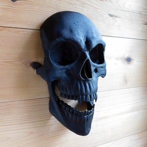 May include: A black skull sculpture with an open mouth and visible teeth, mounted on a wooden wall.
