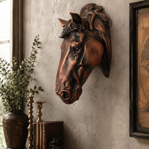 Horse Art, Wall Mounted Horse Head Sculpture With Hand Painted Aged Copper Finish, 3D Printed Ornament