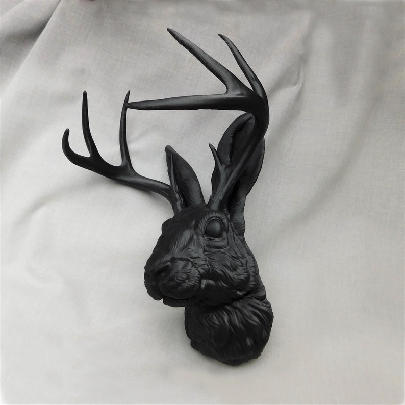 Jackalope Head Wall Art | 3D Printed Jackalope Mount Home Decor Black