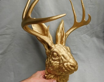 Gold Jackalope Head Wall Art Extra Large | 3D Printed Self-Assembly Jackalope Mount Wall Mount