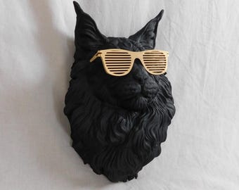 Cuadro decorativo de gato con gafas / Cabeza de gato de pelo largo en 3D