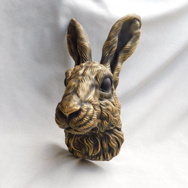 3D Rabbit Head Wall Decor With Hand Painted Aged Gold Finish, 27CM Tall ...