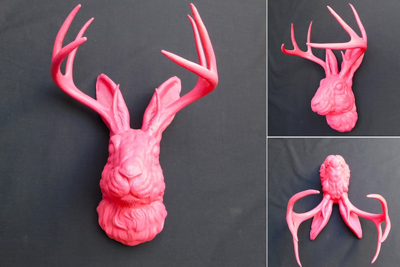 Jackalope Head Wall Art | 3D Printed Jackalope Mount Home Decor Magenta pink