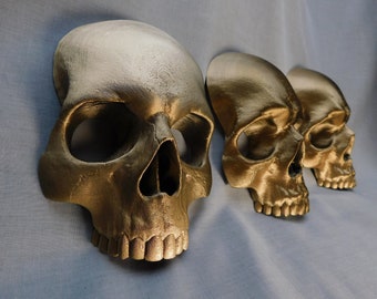 Gold Skull Wall Art, Set of 3 Full Size Replica Human Skulls, 3D Printed