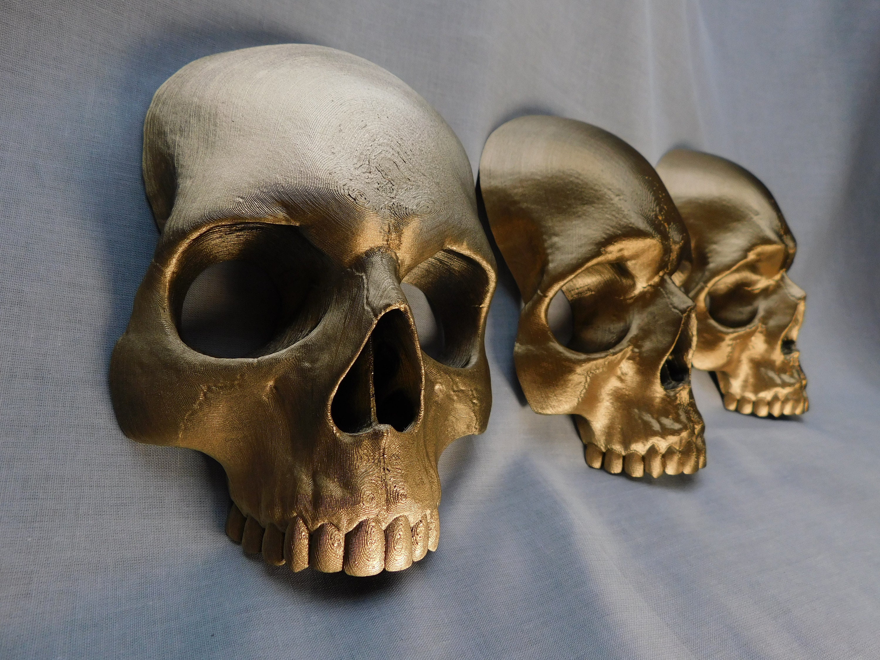 Gold Skull Wall Art, Set of 3 Full Size Replica Human Skulls, 3D Printed