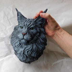 Mainecoon Cat Wall Sculpture Hand Painted Grey Cat | Long Haired Feline Head 3D Decor
