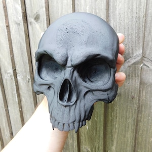 May include: A black plastic skull with detailed features, including a prominent brow ridge, eye sockets, and teeth. The skull is held in a person's hand.