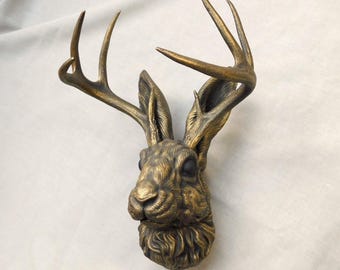 Jackalope Mount With Hand Painted Aged Gold Finish | 3D Printed Jackalope Head Wall Art