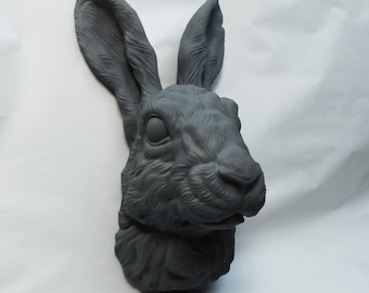 Tête de lapin version plus grande, couleur grise, sculpture animalière murale | Décoration 3D lapin, 27 cm de haut