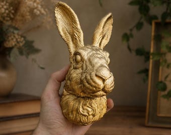 Arte de pared con cabeza de conejo / Decoración 3D con cabeza de conejo, acabado en pintura dorada, plateada o cobre