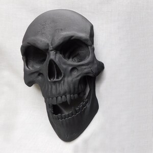 May include: A black skull with a wide open mouth and sharp teeth. The skull is made of a smooth, hard material and has a realistic appearance.