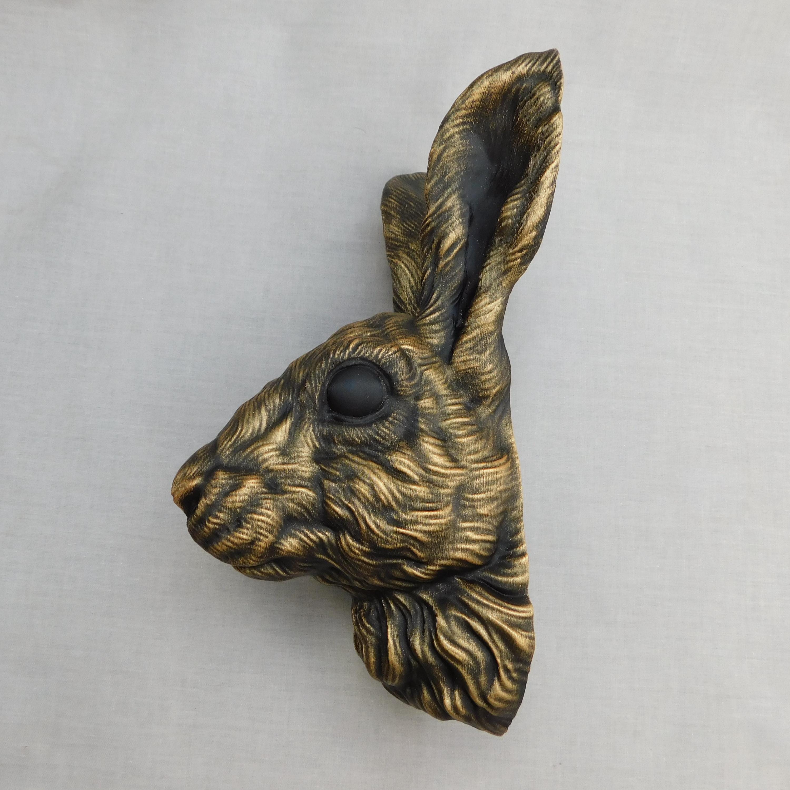 3D Rabbit Head Wall Decor With Hand Painted Aged Gold Finish, 27CM Tall ...