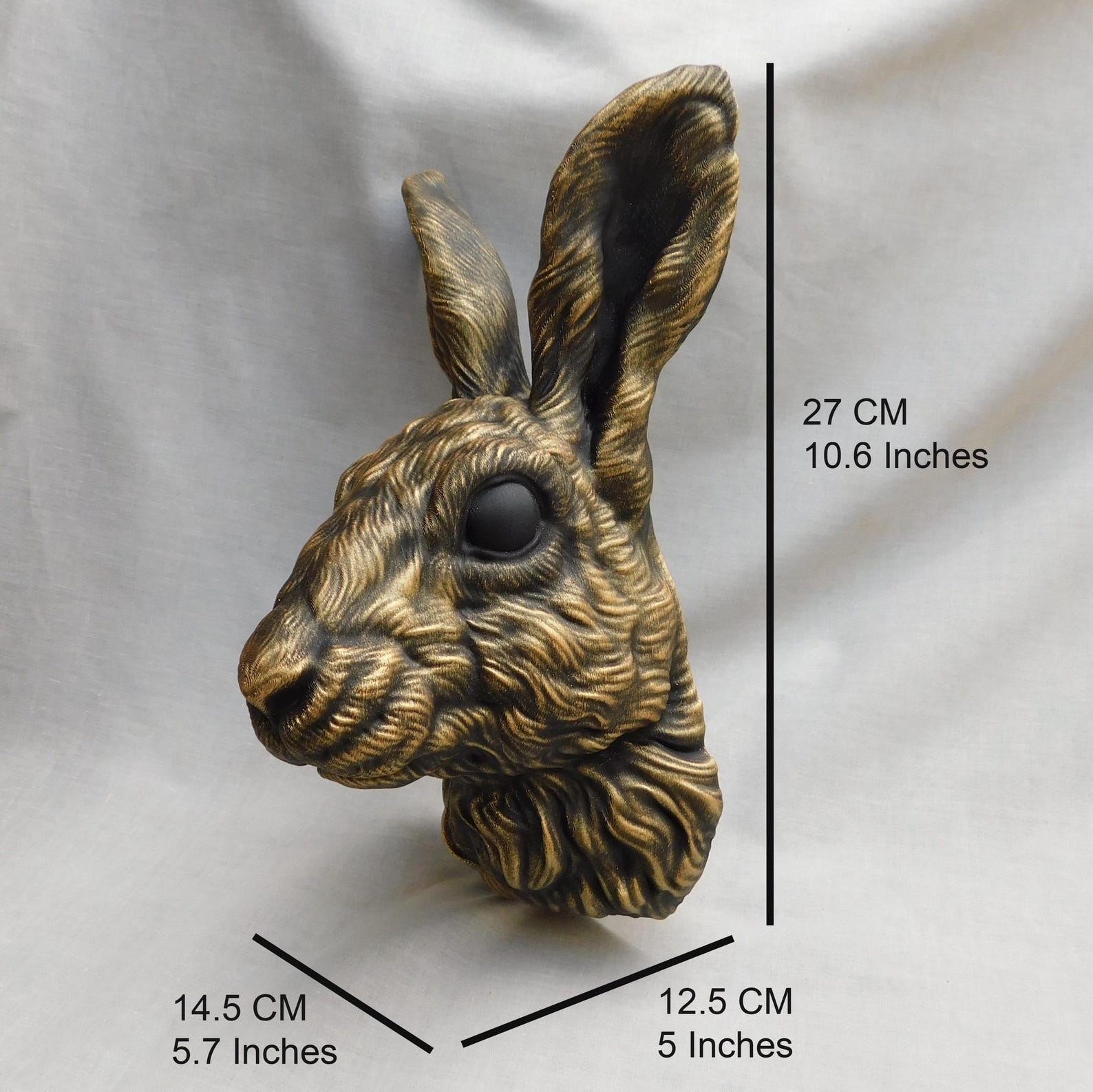 3D Rabbit Head Wall Decor With Hand Painted Aged Gold Finish, 27CM Tall ...