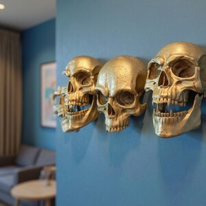 Gold Skulls With Fangs Set of 4: 3D Printed Gothic Wall Decor