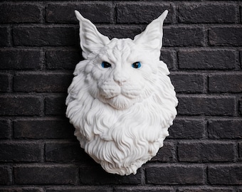 Arte de pared de gato Mainecoon con ojos azules / Cabeza de gato estilo Ragdoll (decoración 3D)