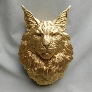 Décoration murale chat, Mainecoon doré | Tête de félin aux cheveux longs, déco 3D