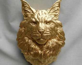 Arte mural de gato, Mainecoon dorado / Cabeza de felino de pelo largo, decoración 3D