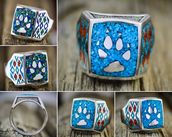 Custom Gemstone Rings Custom Birth Stone Rings Howling Wolf Ring Native American Ring Customizable Navajo inspired Ring USA